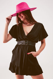 Wrap Front Frill Hem Jumpsuit in Black