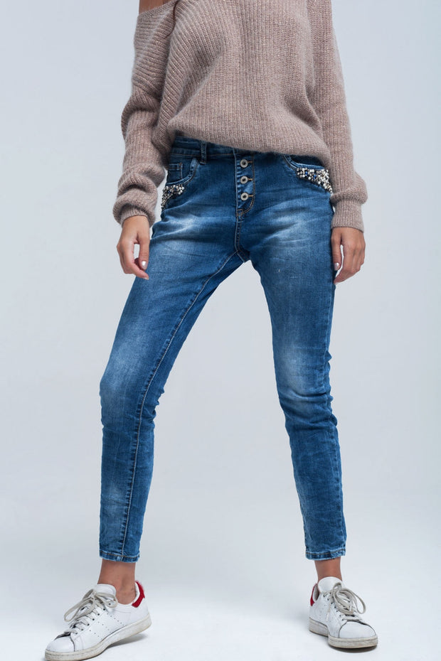 Blue Boyfriend Jeans With Pearls