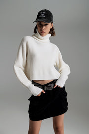 Cream Ribbed Knit Turtleneck Jumper With Balloon Sleeves