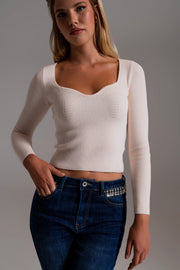 Sweetheart Neckline Chenille Sweater in Cream