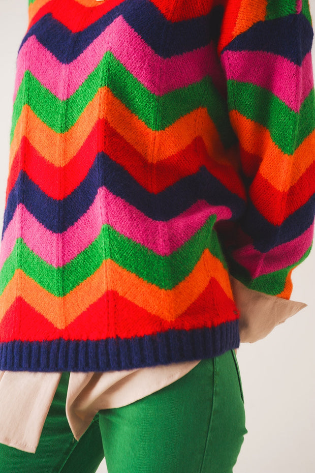 Crew Neck Striped Knit Sweater in Multi