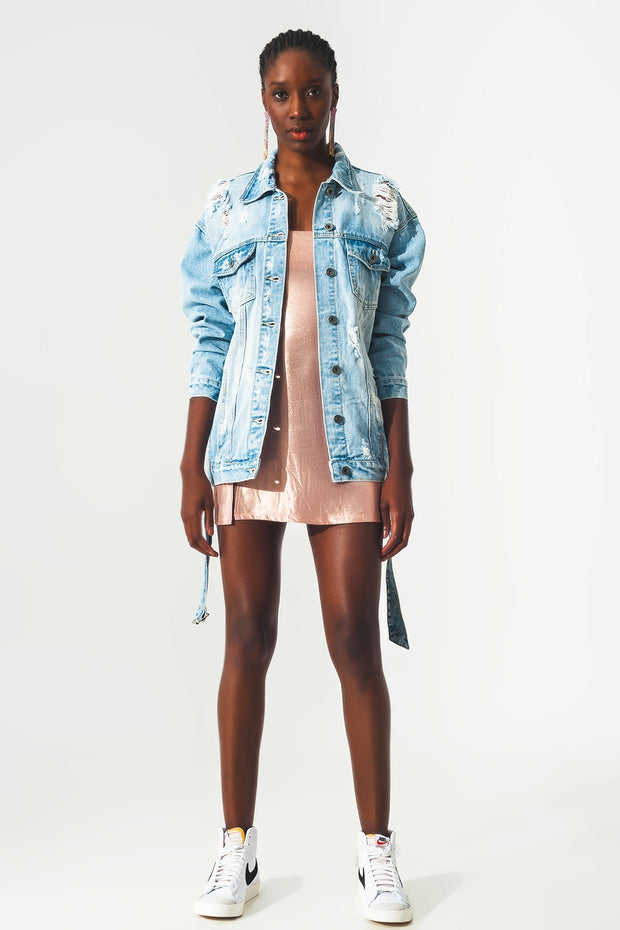 Distressed Denim Jacket With Belt in Light Wash