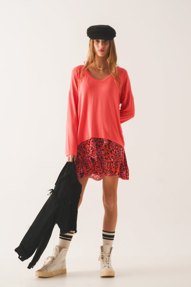 Orange Long Sleeve v Neck Top in Modal