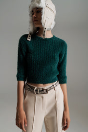 Dark Green Fluffy Knit Sweater With 3/4 Sleeves