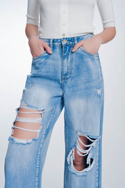 Wide Leg Cropped Raw Hem Jeans in Light Blue