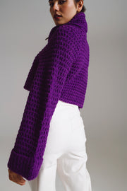 Waffle Knit Jumper With Turtle Neck and Rolled Cuffs in Purple