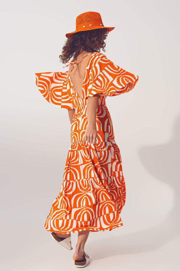 V Neck Midi Dress With Print in Orange