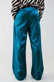 Wide Leg Satin Pants in Blue