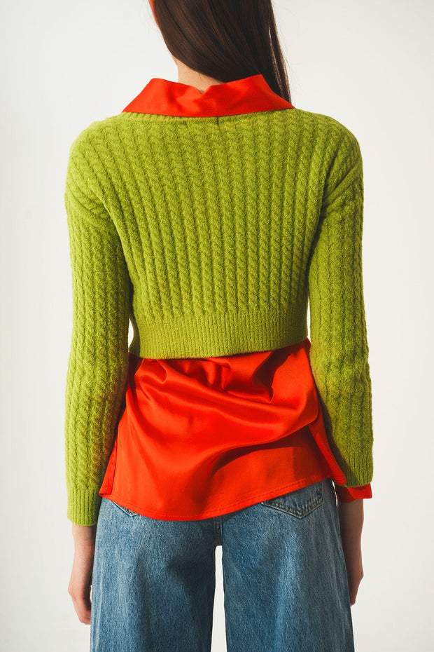 Round Neck Cable Knit Crop Jumper in Lime Green