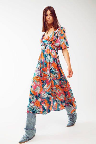 Wrap Maxi Belted Dress With Floral Print in Orange