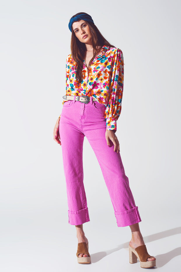 Straight Leg Jeans With Cropped Hem in Fuchsia