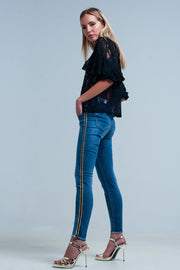 Blue Denim Pants With Gold and Black Sideband