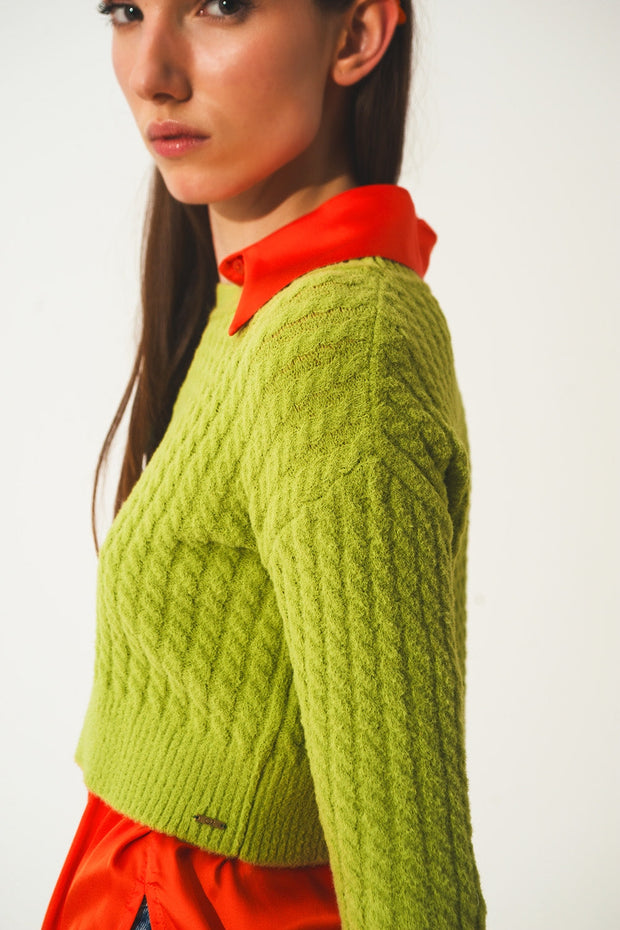 Round Neck Cable Knit Crop Jumper in Lime Green