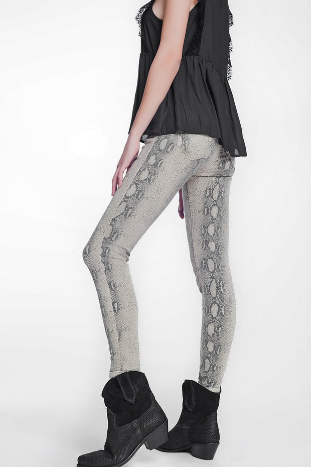 Beige Super Skinny Reversible Pants With Snake Print