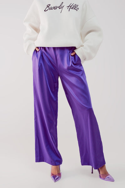 Wide Leg Satin Pants in Purple