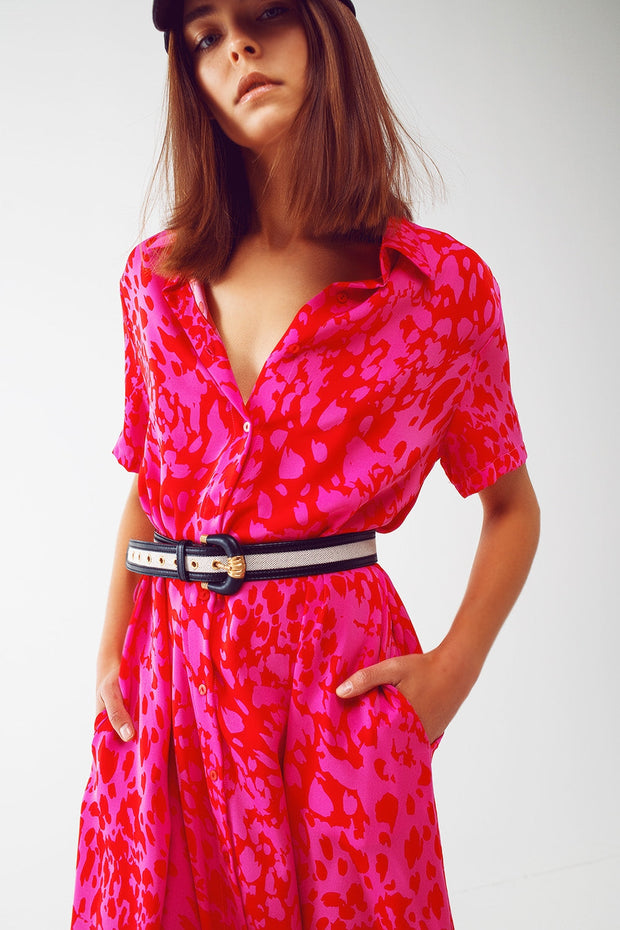 Animal Print Buttoned Dress in Fuchsia