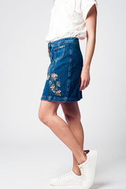 Denim Skirt With Flower Embroidery and Front Buttons