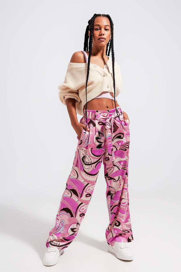 Wide Leg Pants With Belt in Pink