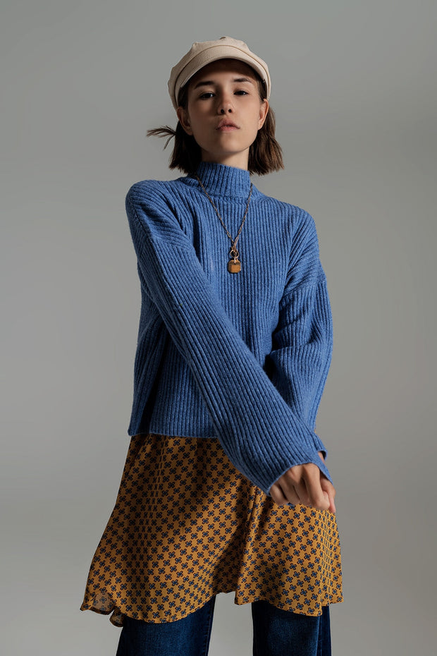 Blue Soft Ribbed Turtleneck Jumper