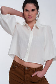 Cropped Shirt With Puff Sleeve in Cream