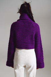 Waffle Knit Jumper With Turtle Neck and Rolled Cuffs in Purple