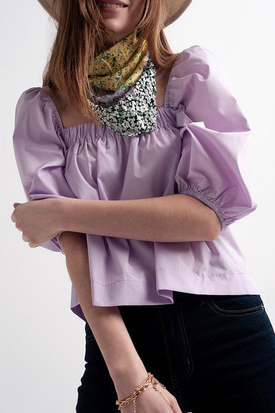 Poplin Balloon Sleeve Top in Purple