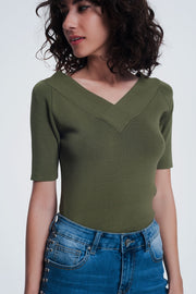 Khaki Sweater With v Neck and Short Sleeves