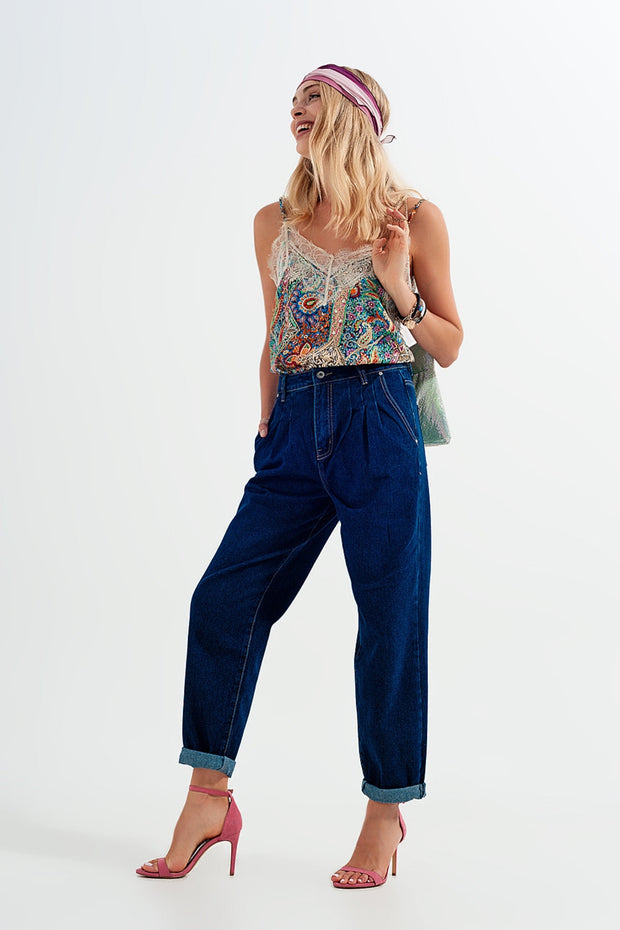 Relaxed Fit Pleat Front Jeans in Dark Blue