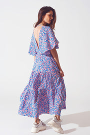 Full Length Dress With Open Tie Back in Purple Print