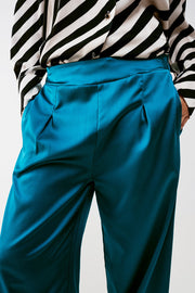 Wide Leg Satin Pants in Blue