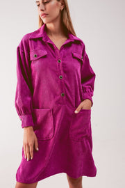 Cord Mini Shirt Dress in Fuchsia