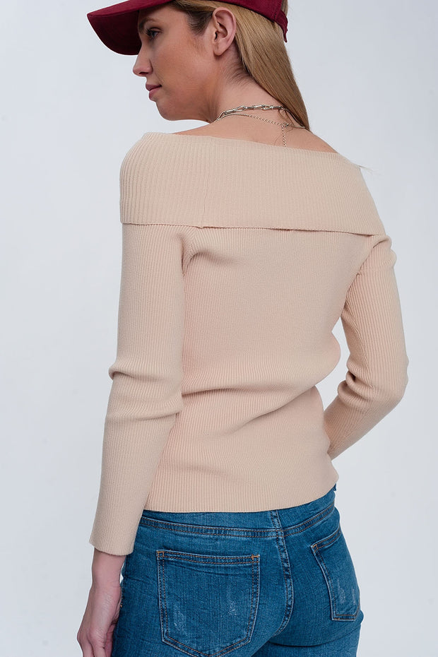 Rib Bardot Jumper in Beige