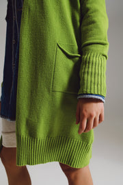 Long Green Cardigan With Folded Pockets