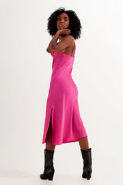 Cami Midi Slip Dress in High Shine Satin in Fuchsia