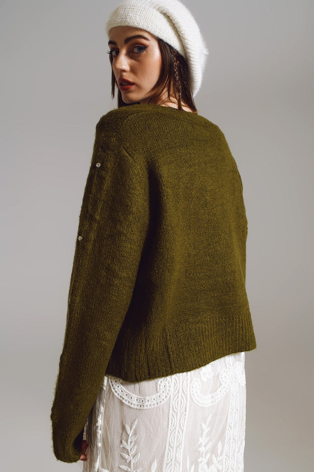 Brown Cardigan With Knitted Flowers and Embellished Details in Military Green