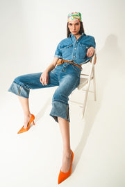 Relaxed Jeans With Rolled Hem and Exposed Buttons in Blue