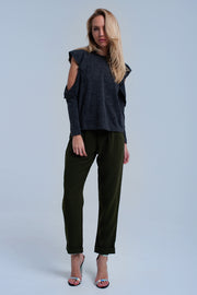 Dark Gray Top With Ruffle and Open Detail