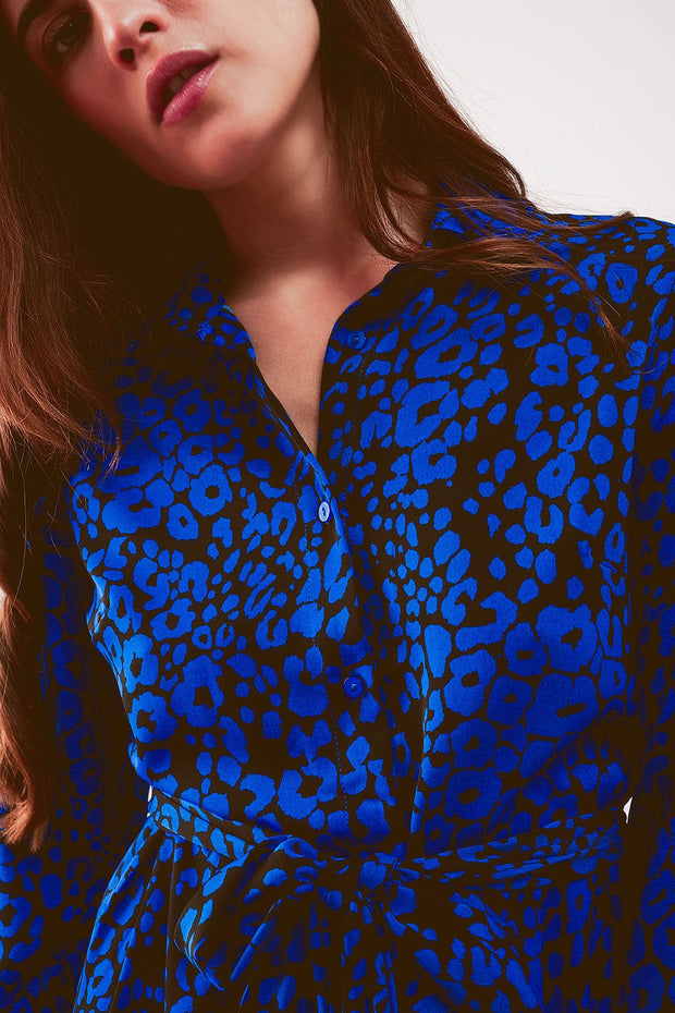 Belted Maxi Shirt Dress in Blue Animal Print