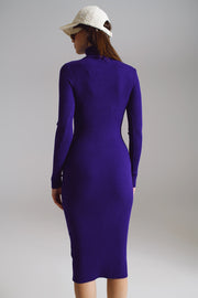 Midi Bodycon Knitted Dress With Turtle Neck in Purple