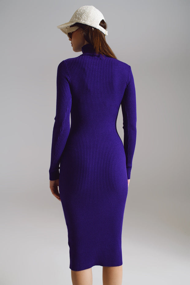 Midi Bodycon Knitted Dress With Turtle Neck in Purple