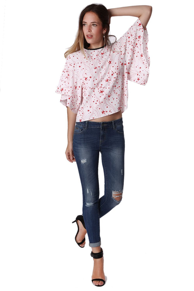 Relaxed Angel Sleeve Top in Black Star Print