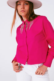 Shirt With Fringe Strass Collar in Fuxia