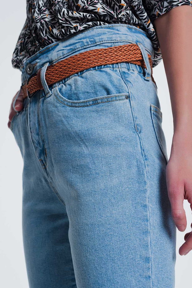 High Waist Mom Jeans With Belt in Light Denim