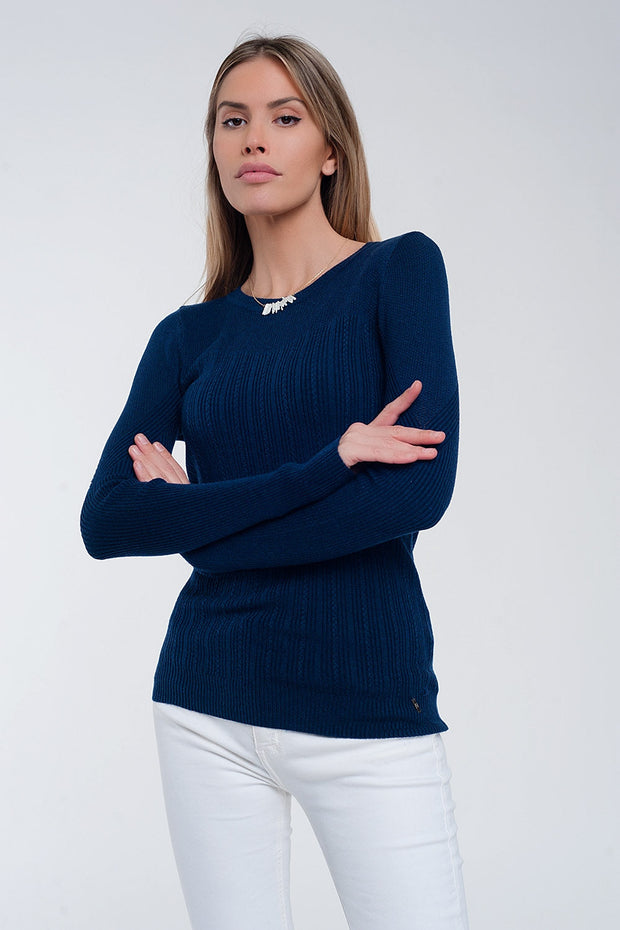 Crew Neck Ribbed Sweater in Navy