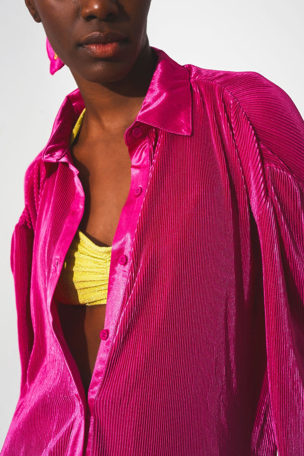 Relaxed Pleated Satin Shirt in Fuchsia