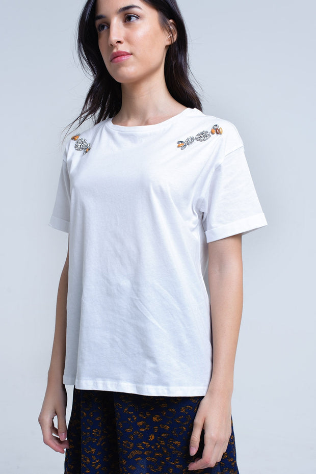 White T-Shirt With Crystal