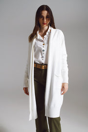 Long White Cardigan With Folded Pockets