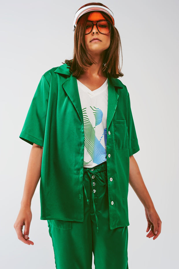 Satin Short Sleeve Shirt in Green