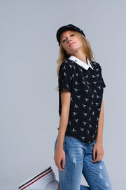 Black Shirt With White Printed Birds