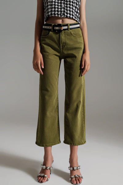 Cropped Wide Leg Jeans in Olive Green